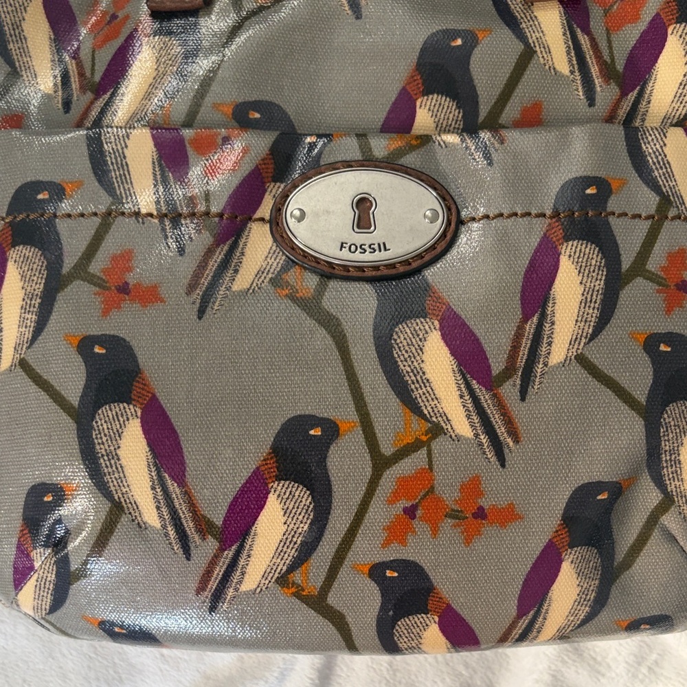 Fossil Crossbody Bag with Bird Design - Brown and Gray and Purple - Picture 3 of 15